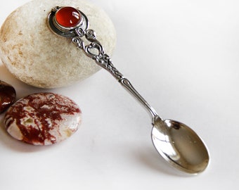 Sterling Silver Baby Tea Spoon, Carnelian Beads Stone, Old Silverwear Jewelry Gift