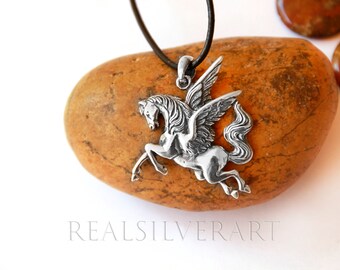 Pegasus Horse Sterling Silver Necklace, Horse Medallion, Antique Horse Pendant, Handmade Jewelry