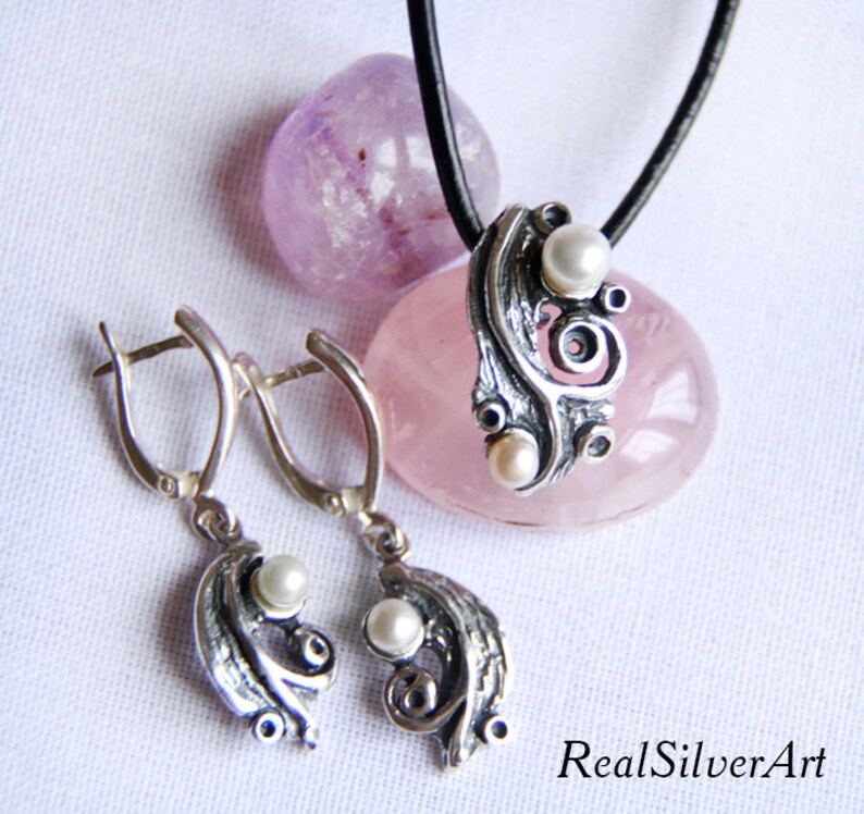 Silver jewelry set Silver drop earrings Pearl earrings Silver pendant Pearl pendant Silver jewellery Gift womenSterling silver Gift