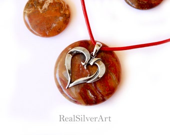 Sterling Silver Heart Leather Necklace, Custom Charm Necklace, Heart Pendant, Children Gifts