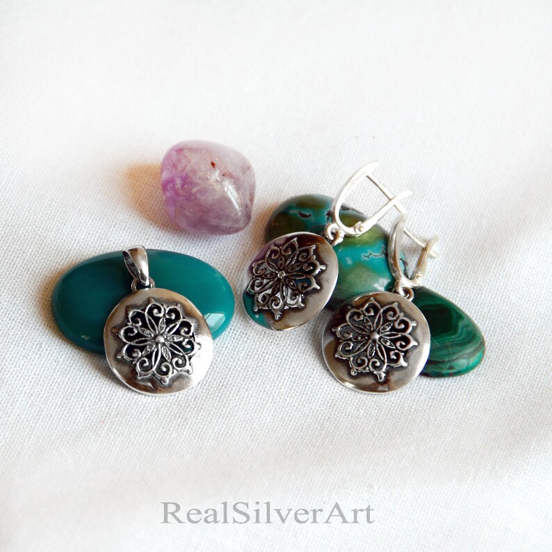 Silver set Silver earrings Solid silver jewelry Romantic jewelry Dangle earrings Vintage style jewelry Gifts for her Silver pendant