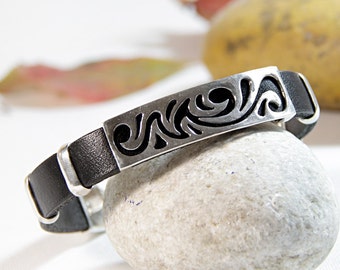 Sterling Silver Bracalet/ Leather silver cuff/ Mens cuff/ Womens cuff/ Bangle leather silver/ Handmade Jewelry/ Silver jewelry/ Unisex Gift