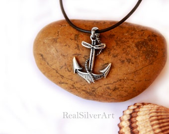 Anchor Sterling Silver Sea Charms, Anchor Leather Necklace, Unique Children Jewelry Gifts