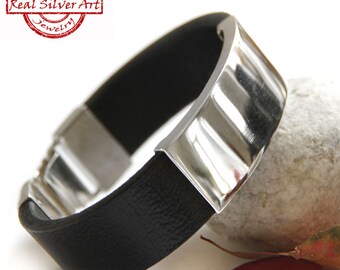 Custom Leather Arm Cuff Silver, Silver Bracelet, Wrist Cuff, Unique Jewelry, RealSilverArt