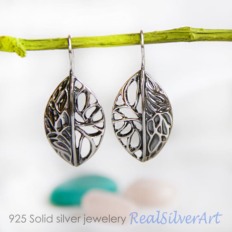 925 silver jewelry Silver jewelry set pendant and earrings Leaves earrings Leather Necklace pendant Floral jewelry Natural jewelry