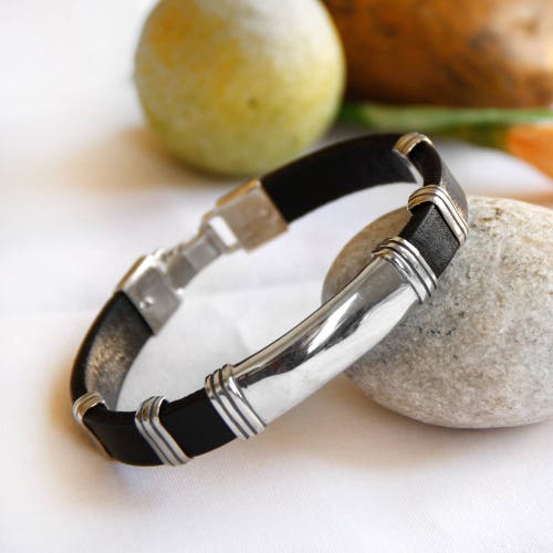 Silver Leather Bangle Bracelet/ Silver Cuff Bracelet/ Leather Etsy