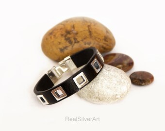 Leather Bangle, Silver Minimalist Bracelet Cuff, Matching Couple Bracelet, Handmade Jewelry