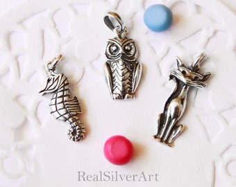 Sterling Silver Charms Set, Owl Pendant, Cat Pendant, Seahorse Pendant Necklace, Jewelry Gifts