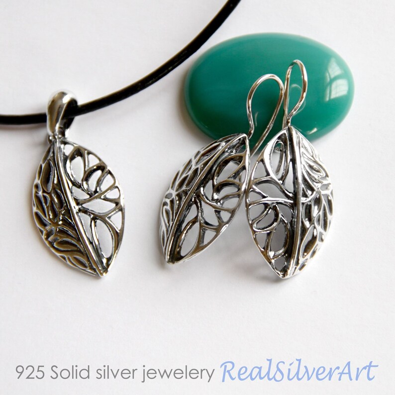 925 silver jewelry Silver jewelry set pendant and earrings Leaves earrings Leather Necklace pendant Floral jewelry Natural jewelry