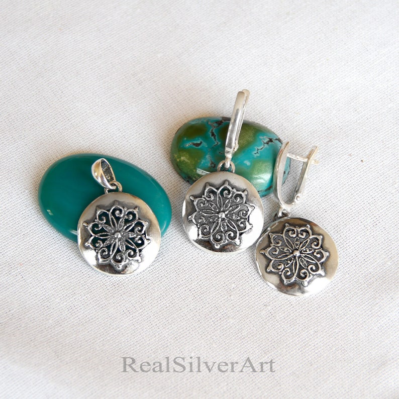 Silver set Silver earrings Solid silver jewelry Romantic jewelry Dangle earrings Vintage style jewelry Gifts for her Silver pendant