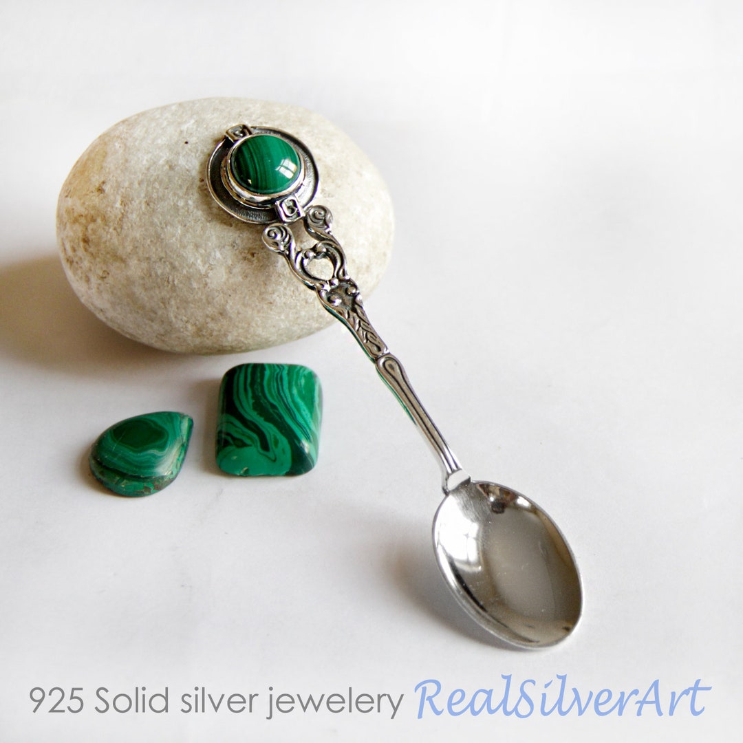 Sterling Silver Spoon/ Silver Spoon Baby/ Baby Feeding Spoon/ Malachite