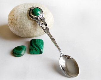 Sterling silver spoon/ Silver spoon baby/ Baby feeding spoon/ Malachite / Silver stone spoon/ Vintage/ Spoon coffee/ Silver wedding gift
