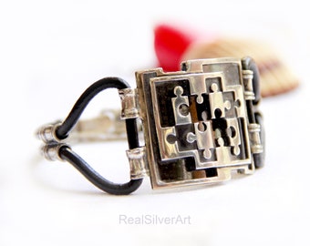 Puzzle bangle bracelet/ Cuff bracelets for women/ Leather silver bracelets for women/ Jigsaw puzzle bracelet/ Sterling silver/ Gift idea