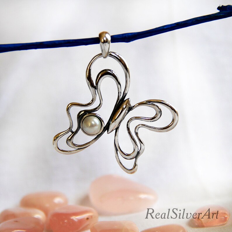 Sterling silver pendant Leather necklace with pearl Pearl silver necklace Butterfly necklace silver Charms for necklaces Gift for her