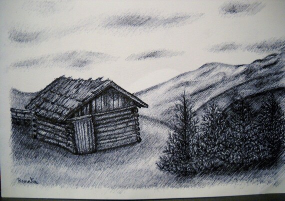 Pen Drawing Cabin In The Mountains In Black White Drawing On Etsy