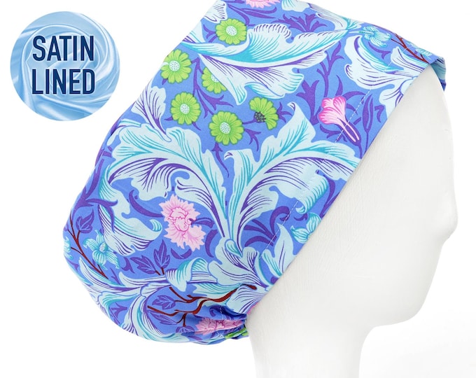 Spring Tapestry Satin Lined Scrub Cap, Euro Style Adjustable Surgical Scrub Hat