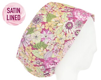 WIldflower Sunrise, Satin Lined Option Scrub Cap, Euro Style Adjustable Surgical Scrub Hat