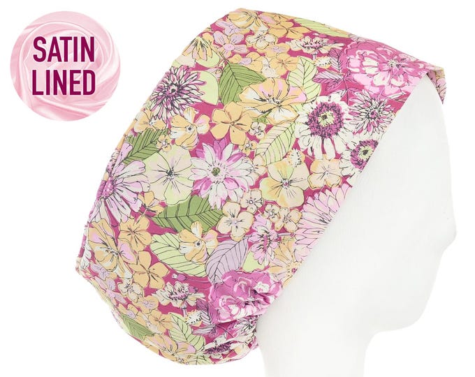 WIldflower Sunrise, Satin Lined Option Scrub Cap, Euro Style Adjustable Surgical Scrub Hat