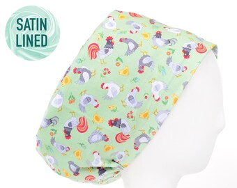 Spring Chickens Satin Lined Scrub Cap, Euro Style Adjustable Surgical Scrub Hat