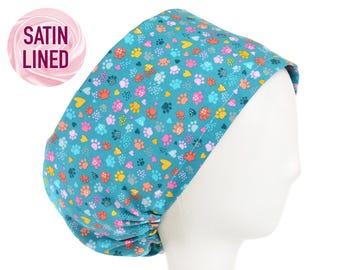Paws and Hearts, Satin Lined Option Scrub Cap, Euro Style Adjustable Surgical Scrub Hat