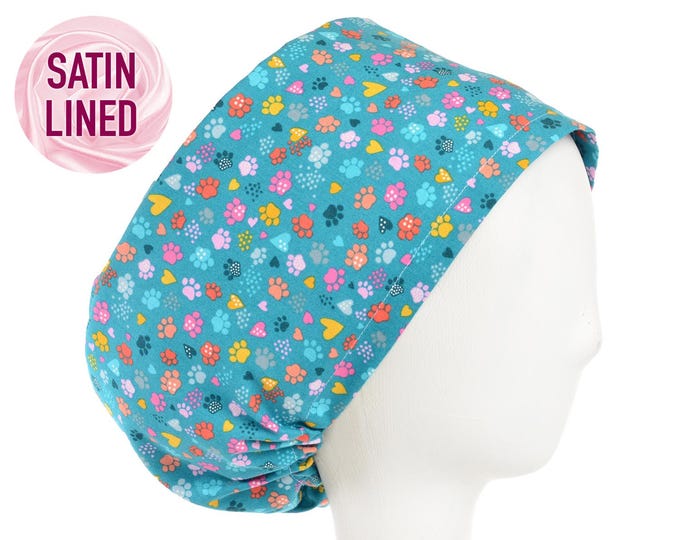 Paws and Hearts, Satin Lined Option Scrub Cap, Euro Style Adjustable Surgical Scrub Hat