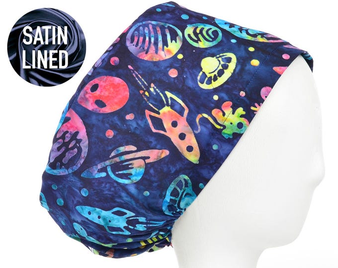 Outer Space Batik Satin Lined Scrub Cap, Euro Style Adjustable Surgical Scrub Hat