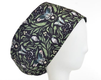 Moonflower in Midnight, Satin Lined Option Scrub Cap, Euro Style Adjustable Surgical Scrub Hat