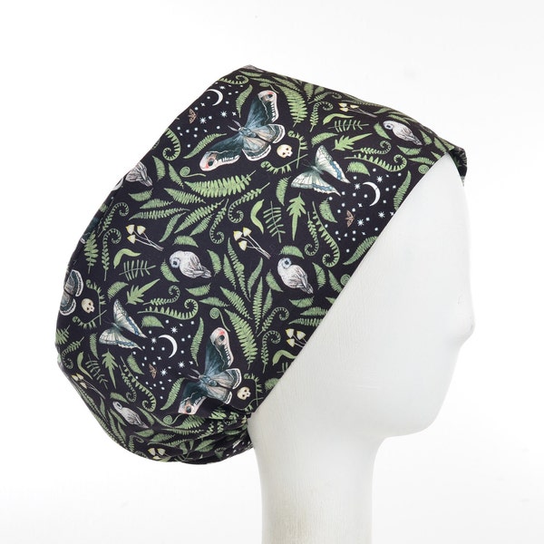 Moonflower in Midnight, Satin Lined Option Scrub Cap, Euro Style Adjustable Surgical Scrub Hat