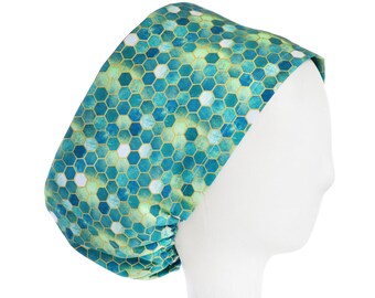 Metallic Gold Geometry on Emerald Scrub Cap, Euro Style Adjustable Surgical Scrub Hat