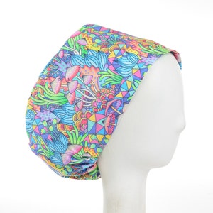Mushrooms and Crystals, Satin Lined Option Scrub Cap, Euro Style Adjustable Surgical Scrub Hat
