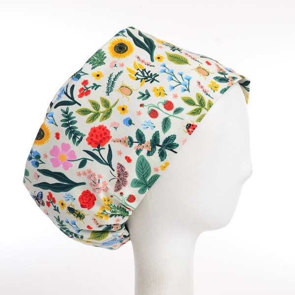 Summer Fields on Cream, Satin Lining Option Scrub Cap, Euro Style Adjustable Surgical Scrub Hat