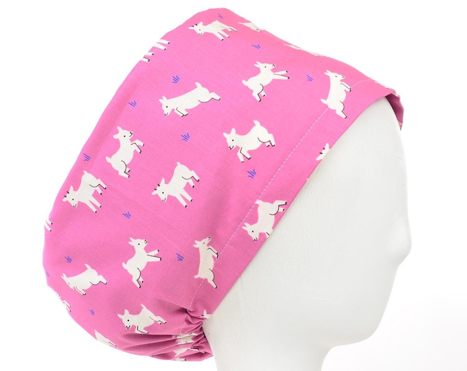 Baby Goats on Pink Scrub Cap, Euro Style Adjustable Surgical Scrub Hat