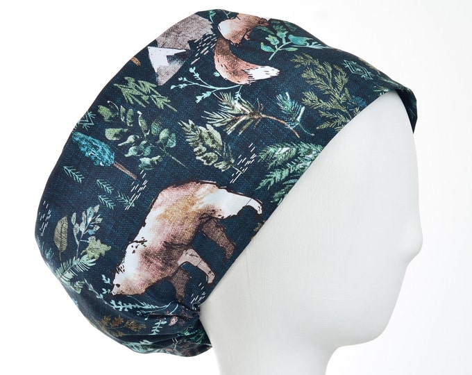 Euro Style Adjustable Surgical Scrub Hat Into the Woods Camp Life Satin Lining Option Scrub Cap