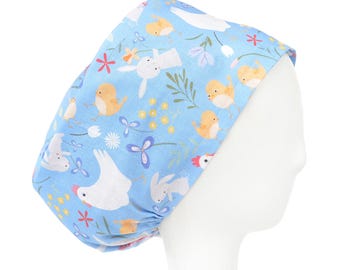 Easter Farmhouse with Chicks and Rabbits Satin Lined Scrub Cap, Euro Style Adjustable Surgical Scrub Hat