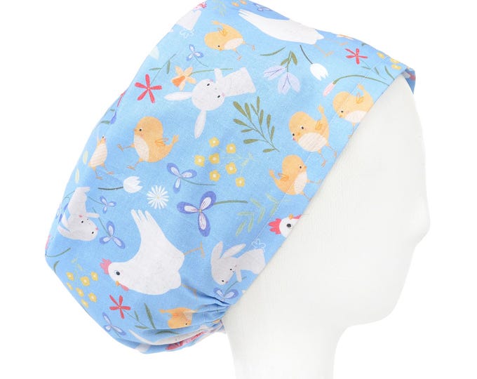 Easter Farmhouse with Chicks and Rabbits Satin Lined Scrub Cap, Euro Style Adjustable Surgical Scrub Hat