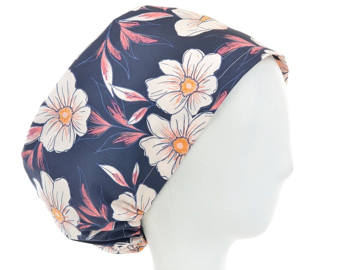 Magnolia on Midnight Scrub Cap, Euro Style Adjustable Surgical Scrub Hat