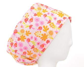 Snail Garden on Pink Scrub Cap, Euro Style Adjustable Surgical Scrub Hat