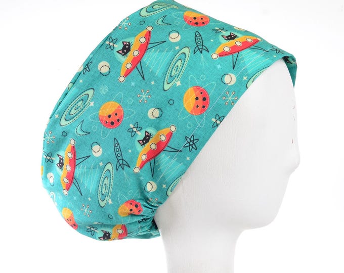 Euro Scrub Cap Retro Space Kitty, Euro Style Womens Adjustable Surgical Scrub Hat