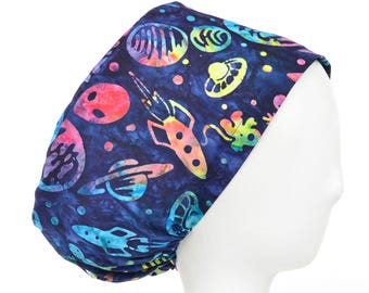 Outer Space Batik Scrub Cap, Euro Style Adjustable Surgical Scrub Hat
