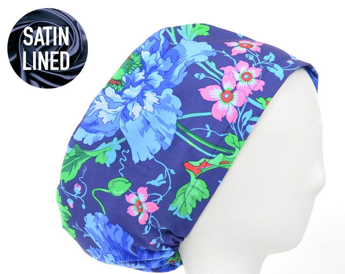 Evening Garden Blooms Satin Lined Scrub Cap, Euro Style Adjustable Surgical Scrub Hat