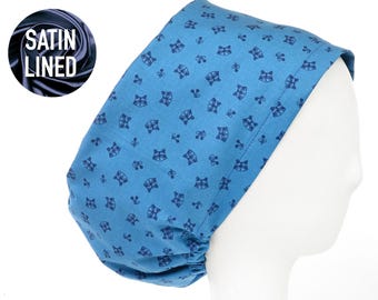 Raccoons Satin Lined Euro Style Scrub Cap, Adjustable Surgical Scrub Hat