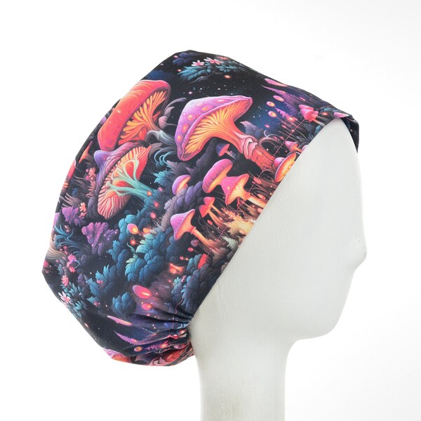 Mushroom Forest, Satin Lined Option Scrub Cap, Euro Style Adjustable Surgical Scrub Hat