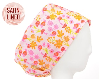 Snail Garden on Pink Satin Lined Scrub Cap, Euro Style Adjustable Surgical Scrub Hat