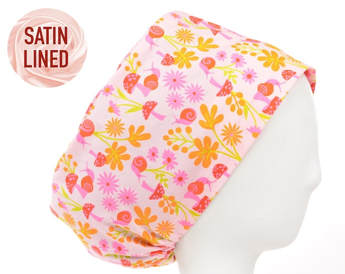 Snail Garden on Pink Satin Lined Scrub Cap, Euro Style Adjustable Surgical Scrub Hat