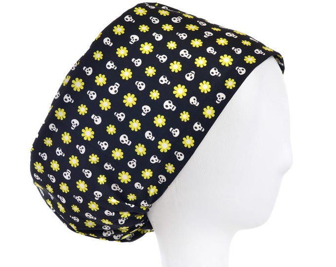 Skulls and Daisies Surgical Scrub Cap, Euro Style Adjustable Surgical Scrub Hat