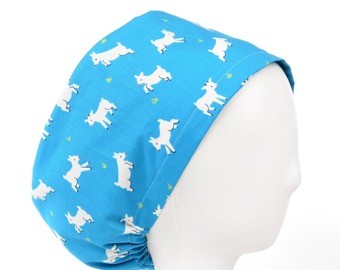 Baby Goats on Vintage Blue Scrub Cap, Euro Style Adjustable Surgical Scrub Hat
