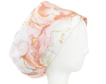 Marblesque with Gold Metallic, Satin Lined Option Scrub Cap, Euro Style Adjustable Surgical Scrub Hat