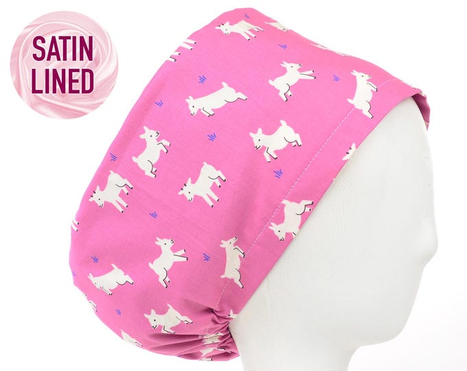 Baby Goats on Pink Satin Lined Scrub Cap, Euro Style Adjustable Surgical Scrub Hat