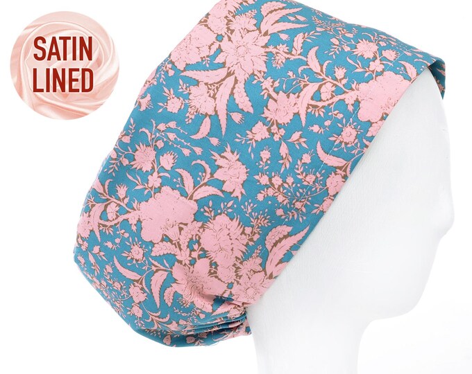 Prussian Bouquet Satin Lining Scrub Cap, Euro Style Adjustable Surgical Scrub Hat