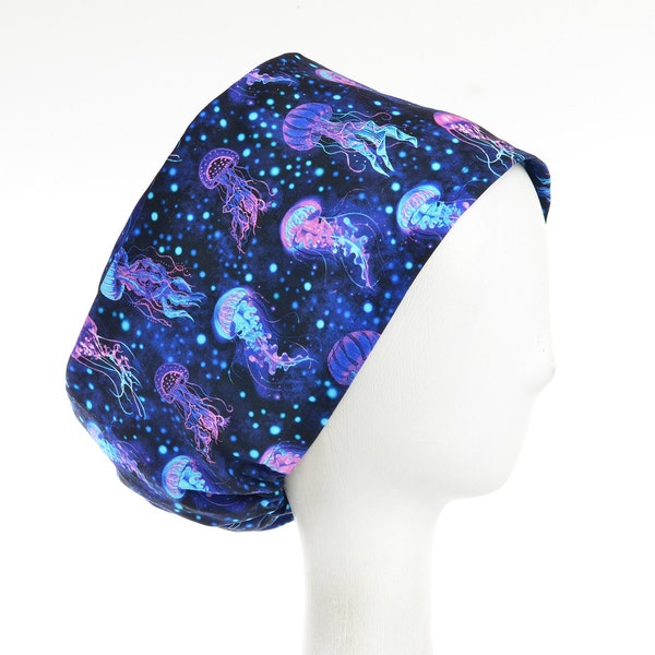 Jellyfish Bioluminescence, Satin Lined Option Scrub Cap, Euro Style Adjustable Surgical Scrub Hat